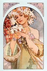 Plakat von Alphonse Mucha mit dem Titel „Die Blume“, Serie von Lithographien über Blumen, 1897